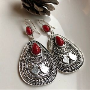 Silver & red stone boho dangly earrings